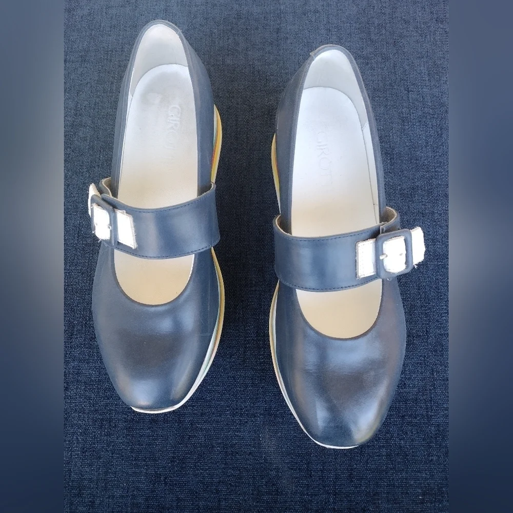 GIROTTI Mary Jane Leather Platform Heel Loafers Size 39 Blue